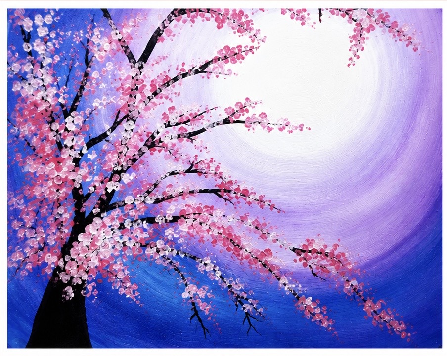 Cherry blossom tree painting under a bright moon