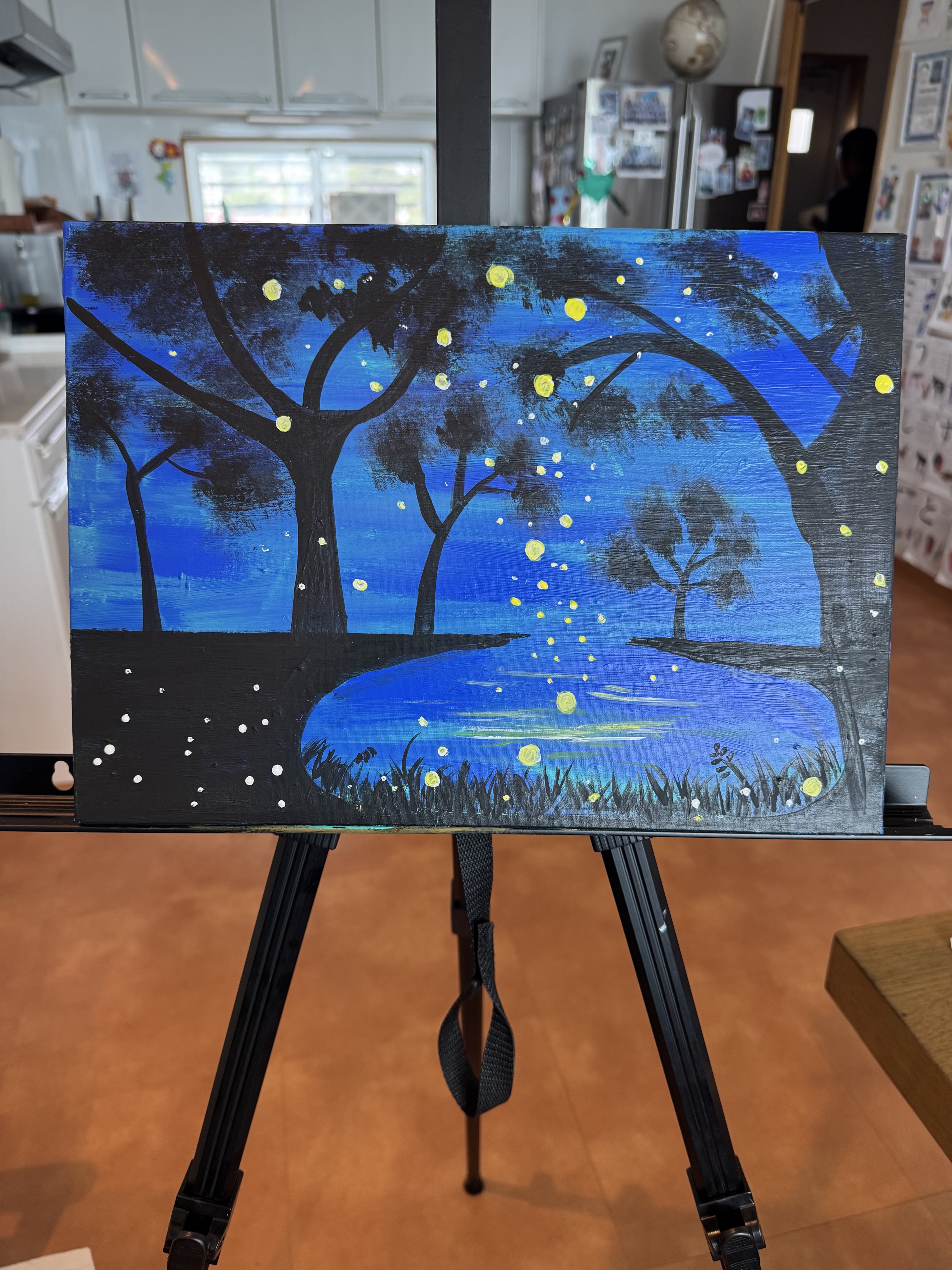Firefly Forest painting design with glowing fireflies over blue water
