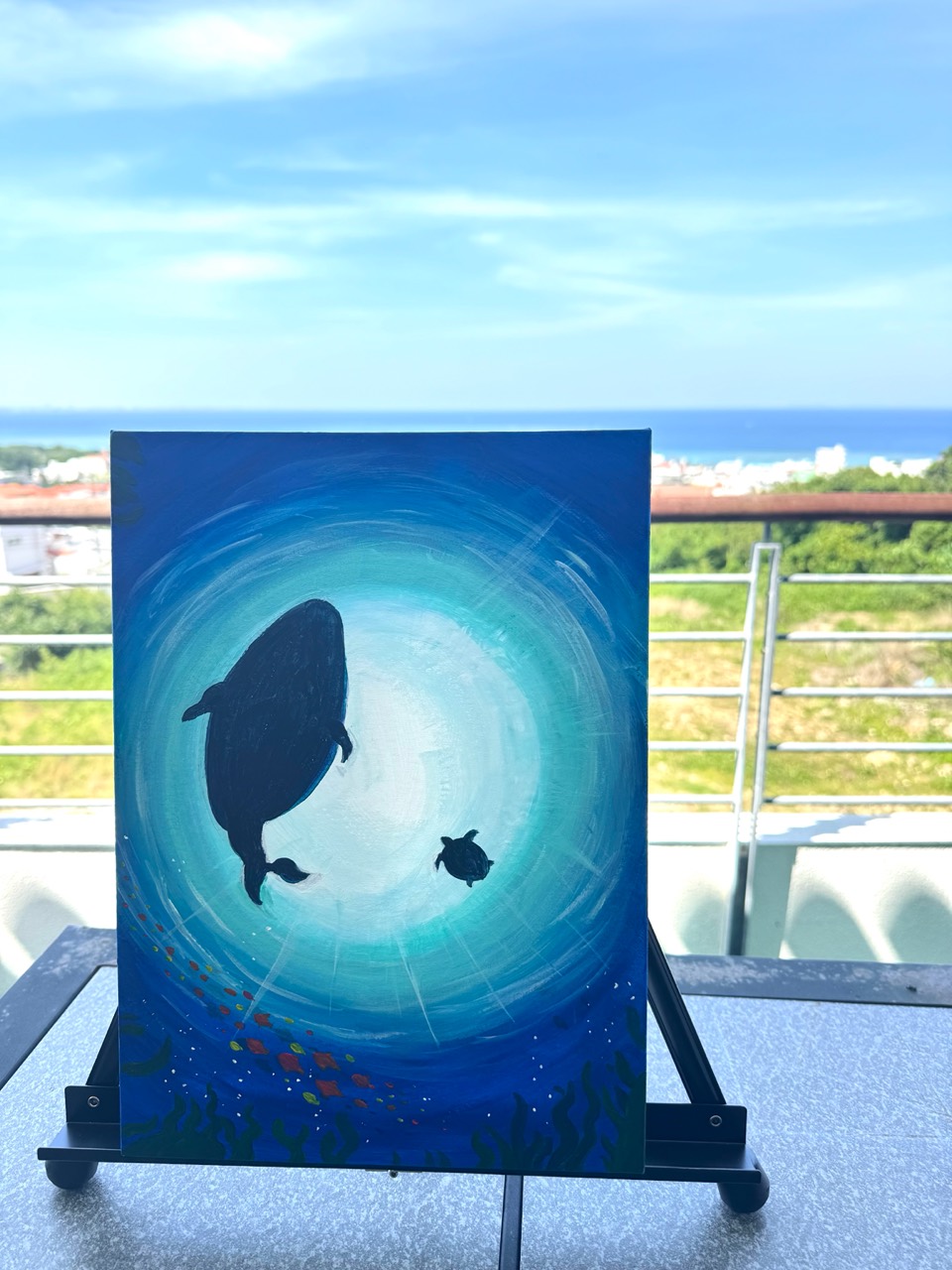Ocean Friends painting with whale and sea turtle silhouettes