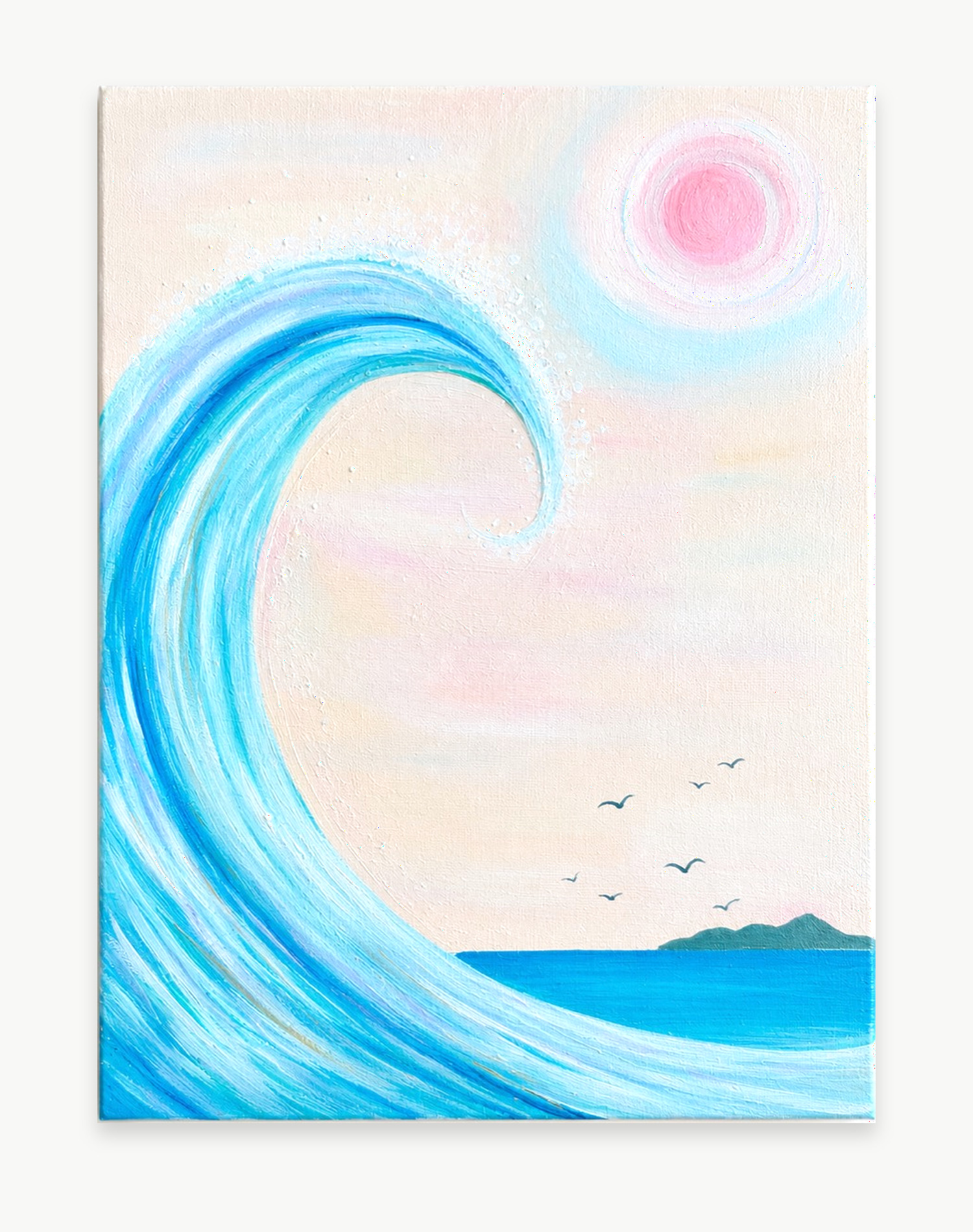 Pink Moon Wave painting design with a blue wave, pink moon, birds, and ocean