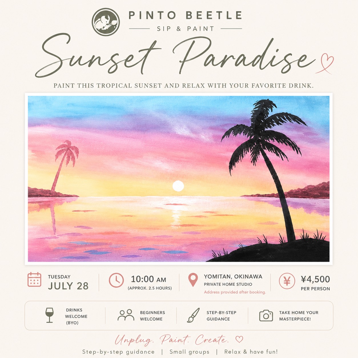 Sunset Paradise July 28 paint and sip event announcement