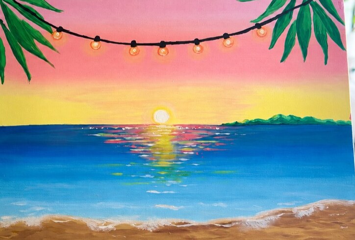 Tropical Sunset beginner friendly painting design with a pink and yellow ocean sunset