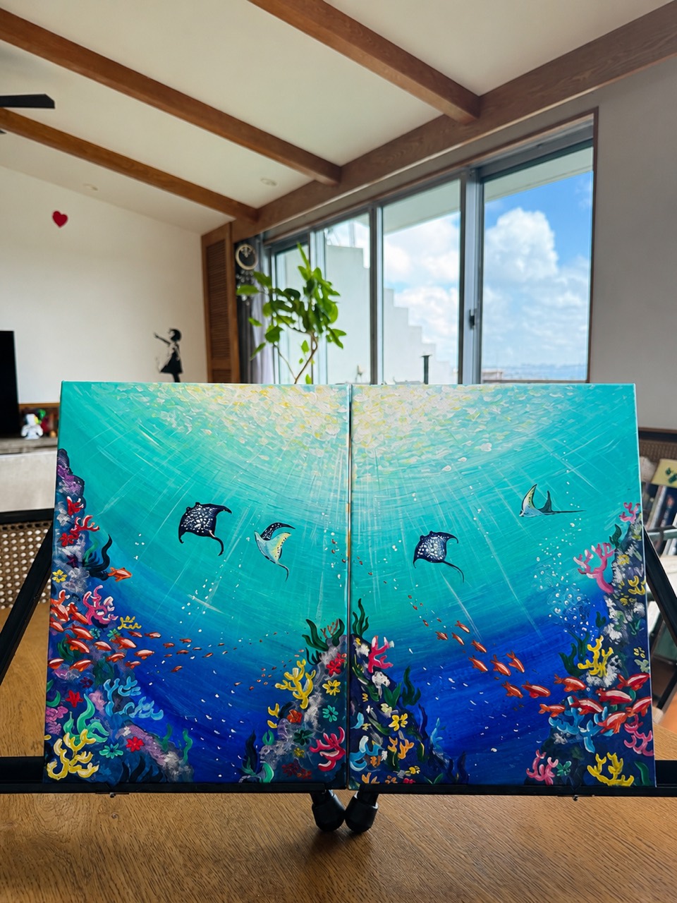 Under the Sea pair painting with coral reefs and manta rays